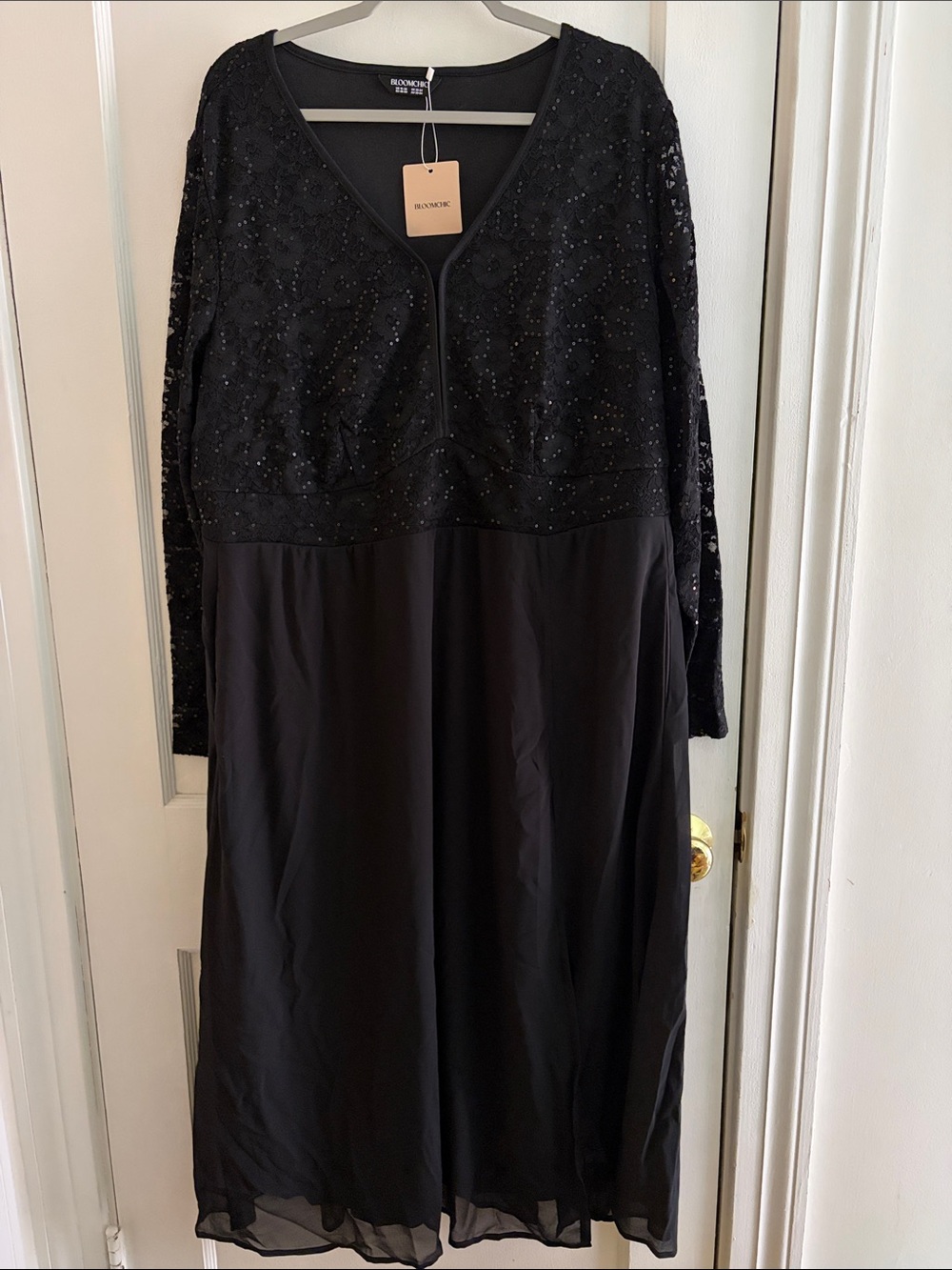 BloomChic Black Beaded V-Neck Long Sleeve Dress